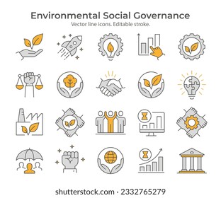 ESG flat icons, such as environment social governance, economy, financial performance, sustainable developmen and more. Editable stroke.