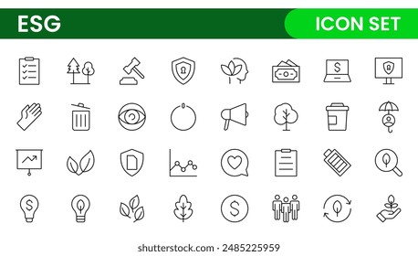 ESG flat line icon set. Outline icon collection related to ecology, environment social governance, risk management, sustainable developmen and more.