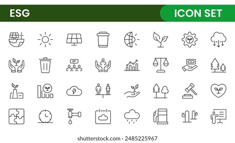 ESG-Flachlinien-Symbolsatz. Skizzieren Sie Icon-Kollektion in Bezug auf Ökologie, Umwelt, Sozialgovernance, Risikomanagement, nachhaltige Entwicklung und mehr.