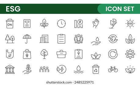 Conjunto de iconos de línea plana ESG. Esbozar la colección de iconos relacionados con la ecología, el medio ambiente, la gobernanza social, la gestión de riesgos, el desarrollo sostenible y más.