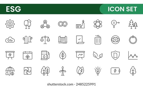 Conjunto de iconos de línea plana ESG. Esbozar la colección de iconos relacionados con la ecología, el medio ambiente, la gobernanza social, la gestión de riesgos, el desarrollo sostenible y más.