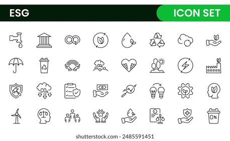 ESG flat line icon set. Outline icon collection related to ecology, environment social governance, risk management, sustainable developmen and more.