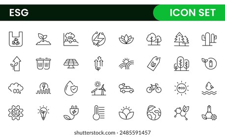 ESG flat line icon set. Outline icon collection related to ecology, environment social governance, risk management, sustainable developmen and more.