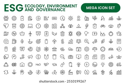 Conjunto de iconos de línea plana ESG. Describe la colección de íconos relacionados con la ecología, el medio ambiente, la gobernanza social, la gestión de riesgos, el desarrollo sostenible y más.