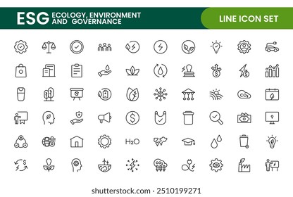 ESG flat line icon set. Outline icon collection related to ecology, environment social governance, risk management, sustainable developmen and more.