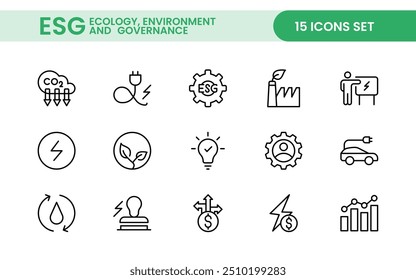 Conjunto de ícones de linha plana ESG. Coleção de ícones relacionados a ecologia, meio ambiente, governança social, gestão de riscos, desenvolvimento sustentável e muito mais.