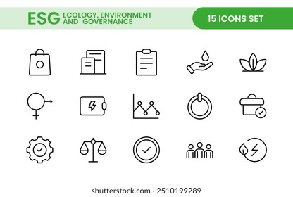 Conjunto de iconos de línea plana ESG. Describe la colección de íconos relacionados con la ecología, el medio ambiente, la gobernanza social, la gestión de riesgos, el desarrollo sostenible y más.