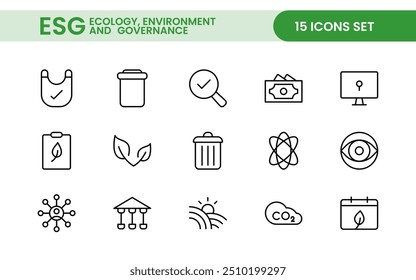 ESG-Flachstrichsymbolsatz. Umrisssymbolsammlung zu Ökologie, Umwelt, sozialer Governance, Risikomanagement, nachhaltiger Entwicklung und mehr.
