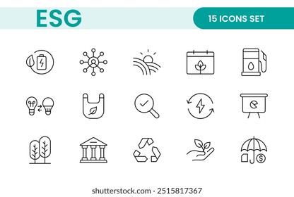 ESG flat line icon set. Outline icon collection related to ecology, environment social governance, risk management, sustainable developmen and more.