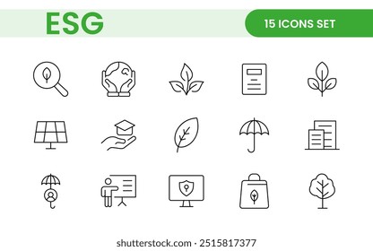 Conjunto de iconos de línea plana ESG. Describe la colección de íconos relacionados con la ecología, el medio ambiente, la gobernanza social, la gestión de riesgos, el desarrollo sostenible y más.