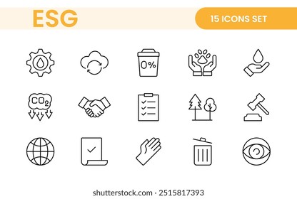 Conjunto de ícones de linha plana ESG. Coleção de ícones relacionados a ecologia, meio ambiente, governança social, gestão de riscos, desenvolvimento sustentável e muito mais.