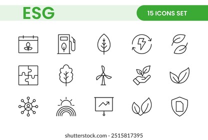 ESG flat line icon set. Outline icon collection related to ecology, environment social governance, risk management, sustainable developmen and more.