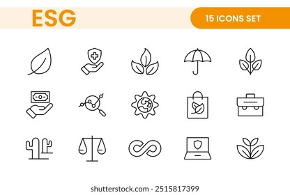 ESG flat line icon set. Outline icon collection related to ecology, environment social governance, risk management, sustainable developmen and more.