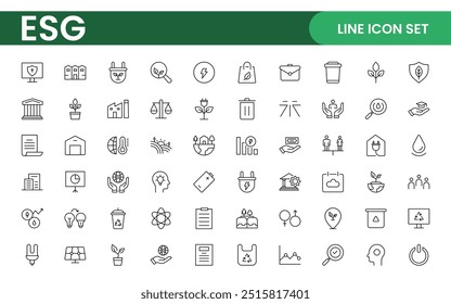 Conjunto de iconos de línea plana ESG. Describe la colección de íconos relacionados con la ecología, el medio ambiente, la gobernanza social, la gestión de riesgos, el desarrollo sostenible y más.