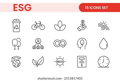 Conjunto de ícones de linha plana ESG. Coleção de ícones relacionados a ecologia, meio ambiente, governança social, gestão de riscos, desenvolvimento sustentável e muito mais.