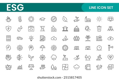 ESG flat line icon set. Outline icon collection related to ecology, environment social governance, risk management, sustainable developmen and more.