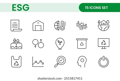 ESG flat line icon set. Outline icon collection related to ecology, environment social governance, risk management, sustainable developmen and more.