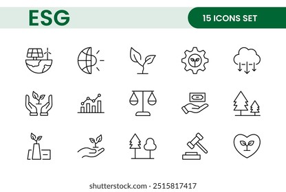 Conjunto de iconos de línea plana ESG. Describe la colección de íconos relacionados con la ecología, el medio ambiente, la gobernanza social, la gestión de riesgos, el desarrollo sostenible y más.