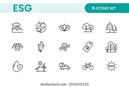 Conjunto de ícones de linha plana ESG. Coleção de ícones relacionados a ecologia, meio ambiente, governança social, gestão de riscos, desenvolvimento sustentável e muito mais.