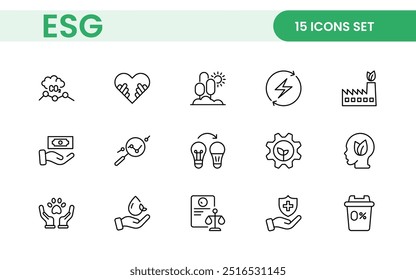 Conjunto de iconos de línea plana ESG. Describe la colección de íconos relacionados con la ecología, el medio ambiente, la gobernanza social, la gestión de riesgos, el desarrollo sostenible y más.