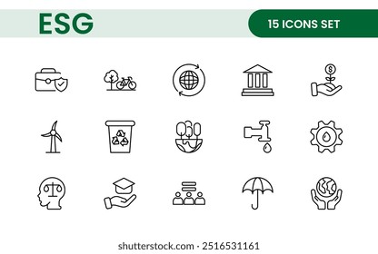 ESG flat line icon set. Outline icon collection related to ecology, environment social governance, risk management, sustainable developmen and more.