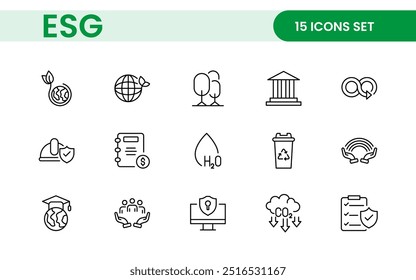 ESG flat line icon set. Outline icon collection related to ecology, environment social governance, risk management, sustainable developmen and more.