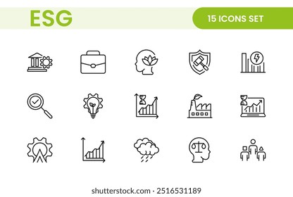 ESG flat line icon set. Outline icon collection related to ecology, environment social governance, risk management, sustainable developmen and more.