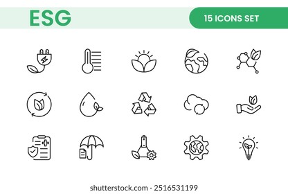ESG flat line icon set. Outline icon collection related to ecology, environment social governance, risk management, sustainable developmen and more.