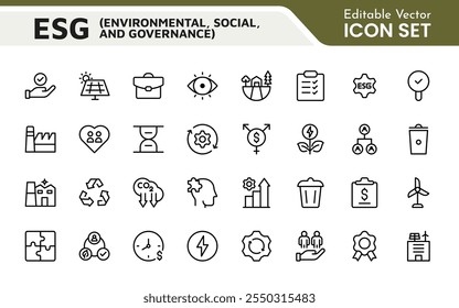 ESG flat line icon set. Outline icon collection related to ecology, environment social governance, risk management, sustainable developmen and more.