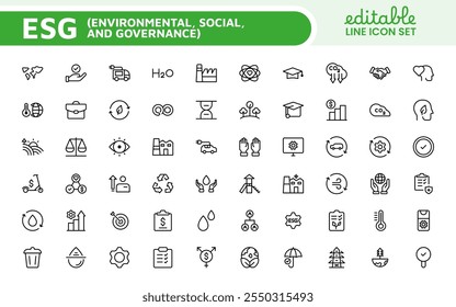 ESG flat line icon set. Outline icon collection related to ecology, environment social governance, risk management, sustainable developmen and more.
