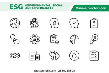 ESG flat line icon set. Outline icon collection related to ecology, environment social governance, risk management, sustainable developmen and more.