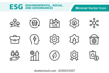 ESG flat line icon set. Outline icon collection related to ecology, environment social governance, risk management, sustainable developmen and more.