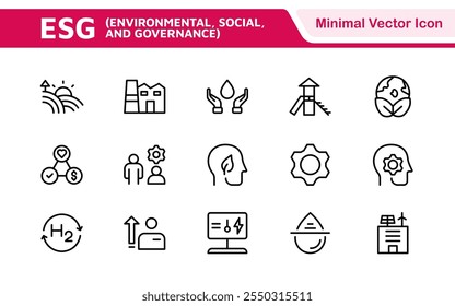 ESG flat line icon set. Outline icon collection related to ecology, environment social governance, risk management, sustainable developmen and more.