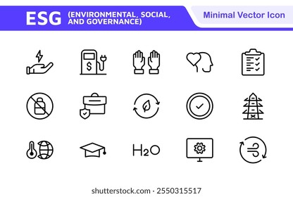 ESG flat line icon set. Outline icon collection related to ecology, environment social governance, risk management, sustainable developmen and more.