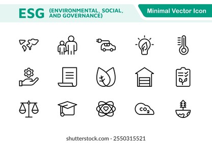 Conjunto de ícones de linha plana ESG. Coleção de ícones relacionados a ecologia, meio ambiente, governança social, gestão de riscos, desenvolvimento sustentável e muito mais.