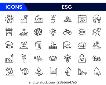ESG flat line icon set. Outline icon collection related to ecology, environment social governance, risk management, sustainable developmen and more.