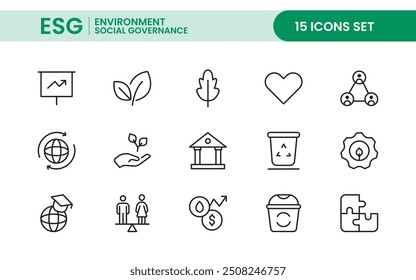 ESG flat Outline icon set. Vector line icon collection related to ecology, environment social governance, risk management, sustainable developmen and more.