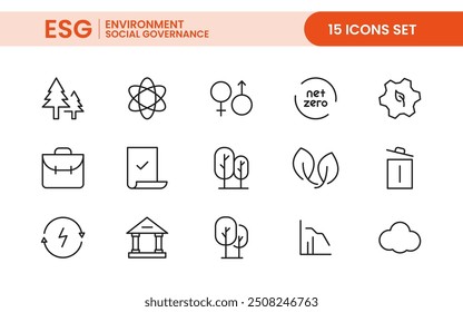ESG flat Outline icon set. Vector line icon collection related to ecology, environment social governance, risk management, sustainable developmen and more.