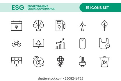 ESG flat Outline icon set. Vector line icon collection related to ecology, environment social governance, risk management, sustainable developmen and more.
