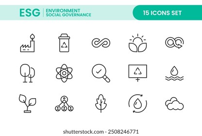 ESG flat Outline icon set. Vector line icon collection related to ecology, environment social governance, risk management, sustainable developmen and more.