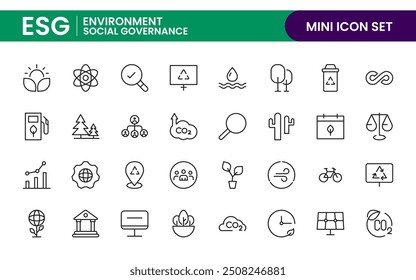 ESG flat Outline icon set. Vector line icon collection related to ecology, environment social governance, risk management, sustainable developmen and more.