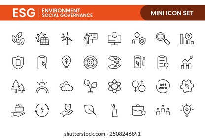ESG flat Outline icon set. Vector line icon collection related to ecology, environment social governance, risk management, sustainable developmen and more.