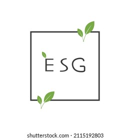  ESG in frame with green leaves. Environment, social, governance vector icon
