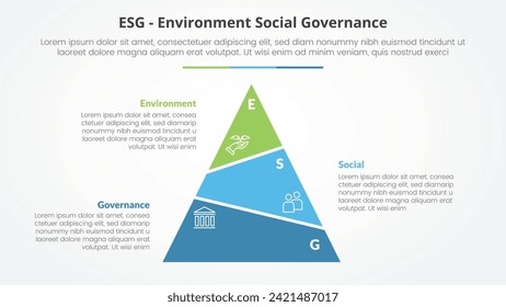 ESG frameworks infographic concept for slide presentation with slice pyramid unbalance with 3 point list with flat style