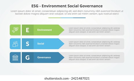 ESG frameworks infographic concept for slide presentation with rectangle arrow stack with 3 point list with flat style