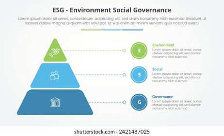 ESG frameworks infographic concept for slide presentation with round pyramid and line pointer with 3 point list with flat style