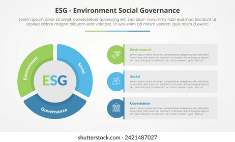 ESG frameworks infographic concept for slide presentation with big pie chart shape and round rectangle box with 3 point list with flat style