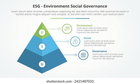 ESG-Frameworks-Infografik-Konzept für Diapräsentation mit 3D-Pyramide-Form mit 3-Punkte-Liste im flachen Stil