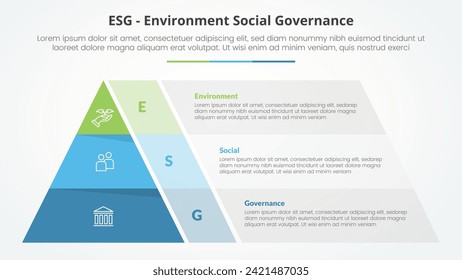 ESG marcos de concepto infográfico para presentación de diapositivas con forma piramidal y caja de contenedor transparente con lista de 3 puntos con estilo plano