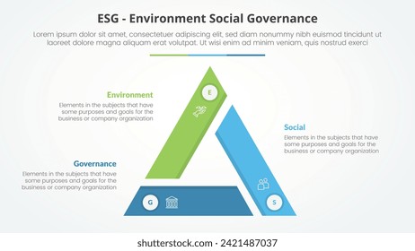 ESG frameworks infographic concept for slide presentation with triangle cycle circular triangle slice edge center with 3 point list with flat style